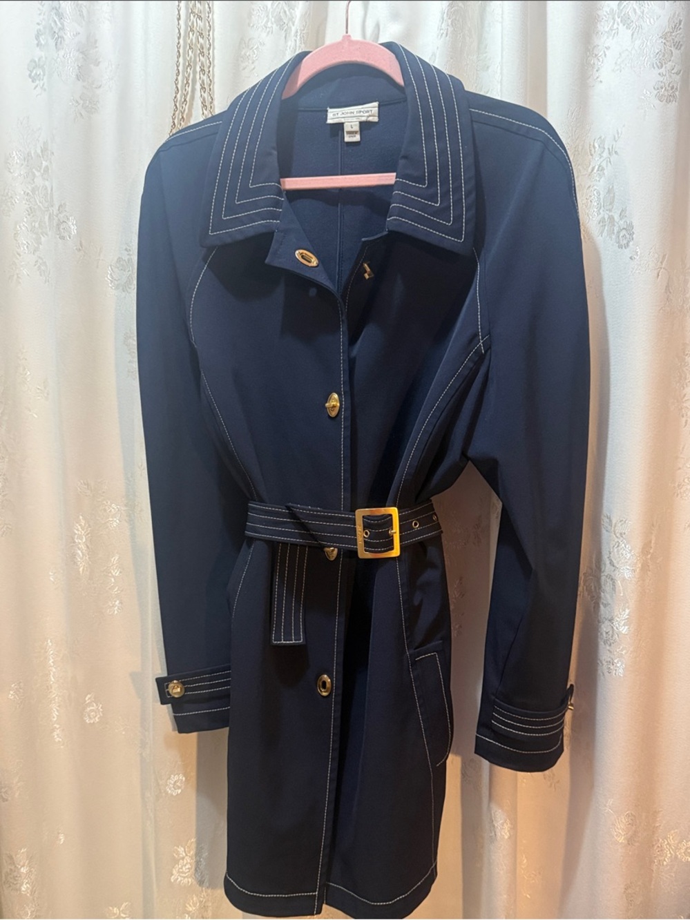 St John Classic Navy Trench Coat with White Stitching and Gold Accents & Belt